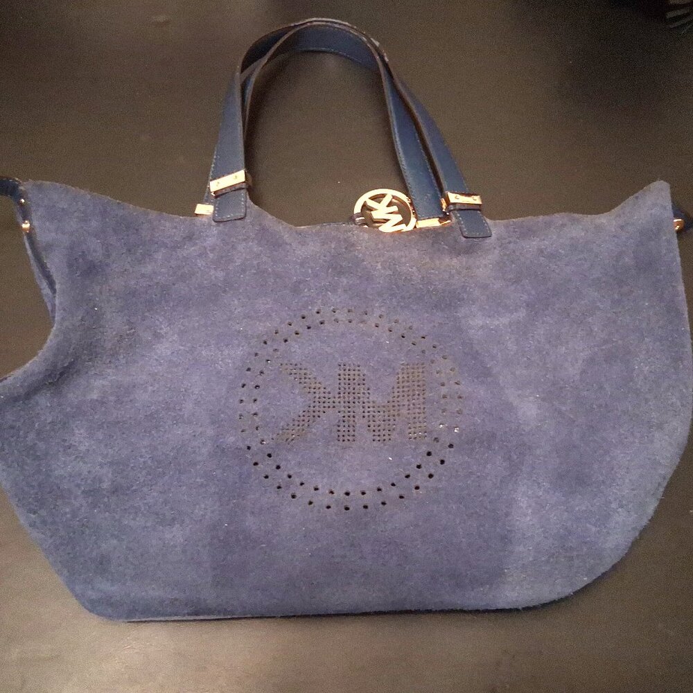 Michael Kors Perforated Blue Leather Tote Bag with Signature "MK" Logo Hardware - Picture 13 of 16